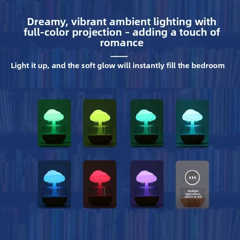 Mushroom Cloud Rain Lamp Changing LED Tabletop Fountain with Water Drip Sounds USB Rechargeable Desk Decor for Home Office