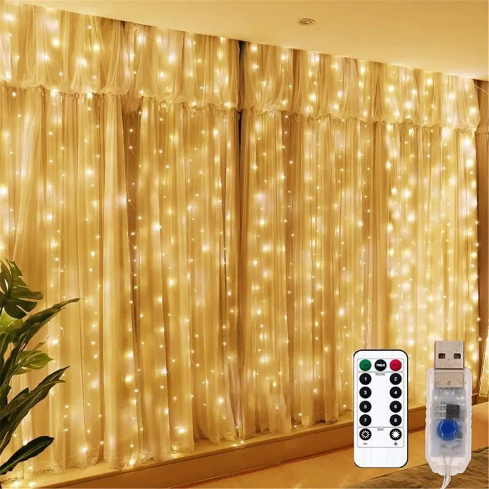 1pc 6x3/3x3/3x2/3x1m USB LED Curtain String Lights Bedroom Christmas Garland Fairy Lamp Wedding Party Home Decoration Lighting