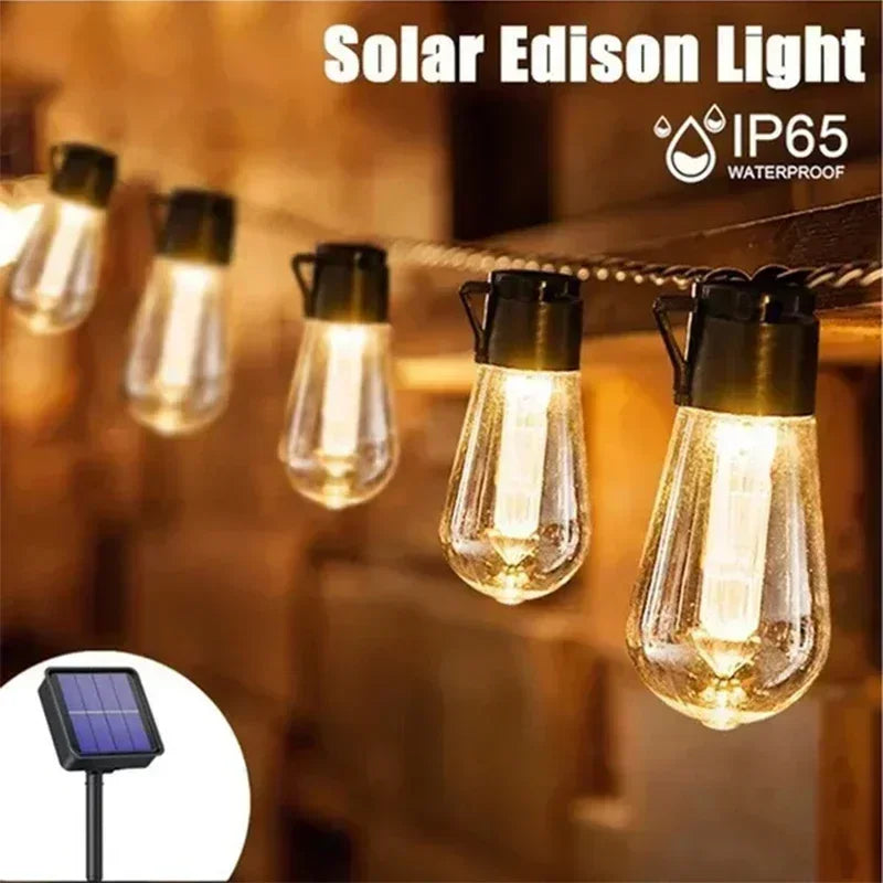 Edison Light Outdoor String Shatterproof Bulbs, Waterproof LED Solar Hanging Ambience Lights, for Yard Garden Patio Bistro