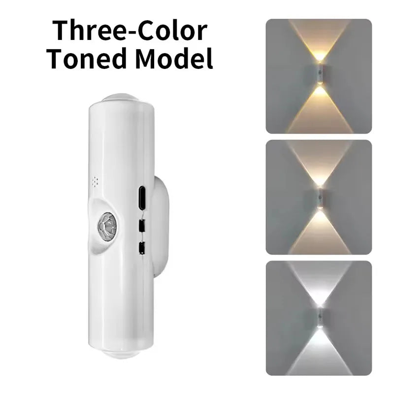 LED Night Light with Motion Sensor Double-head Magnetic Wall Lamp Rechargeable RGB/3-Color Adjustable for Cabinet Hallway Stair